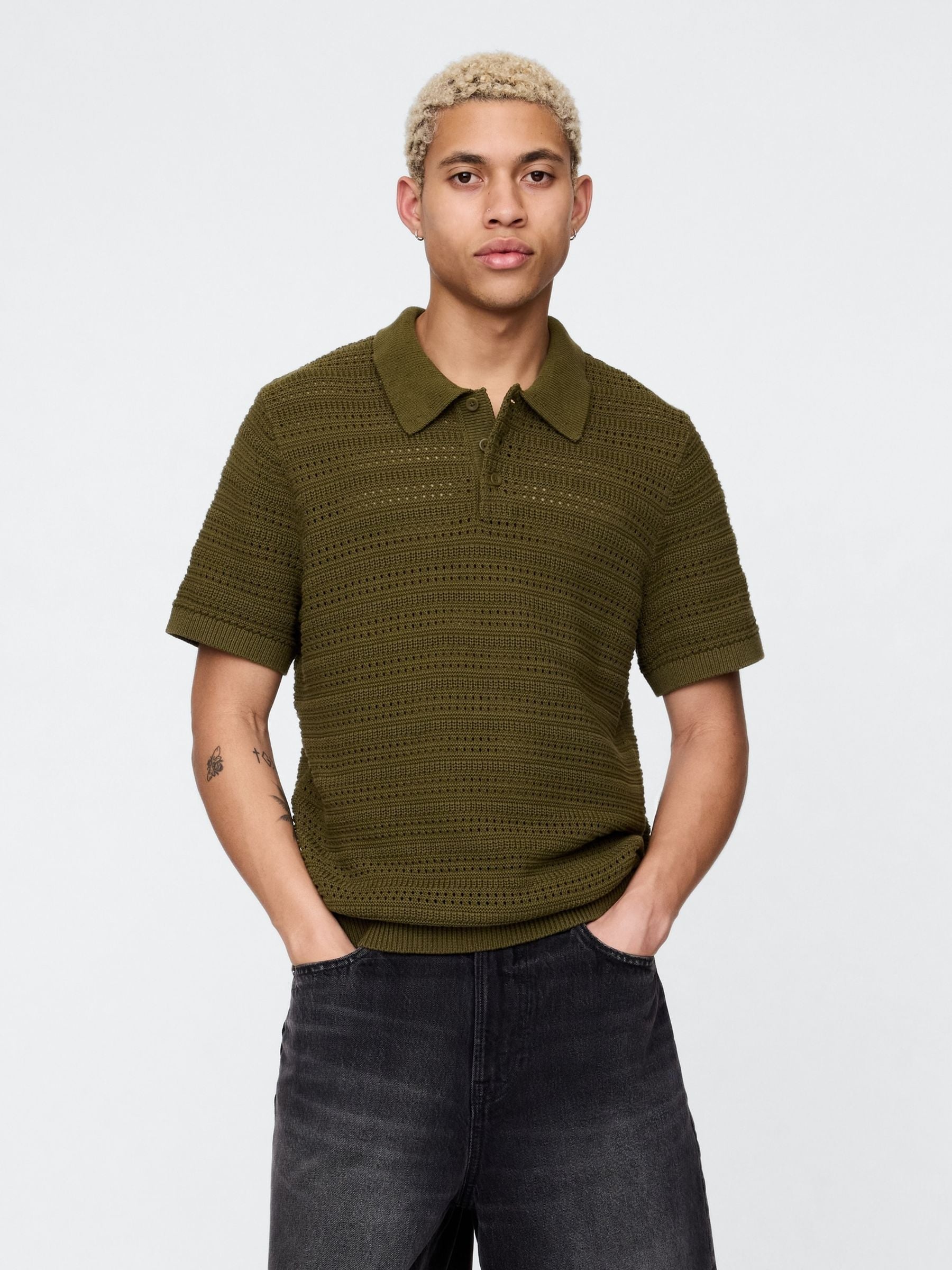 Gap Khaki Green Cotton Knit Striped Polo Shirt