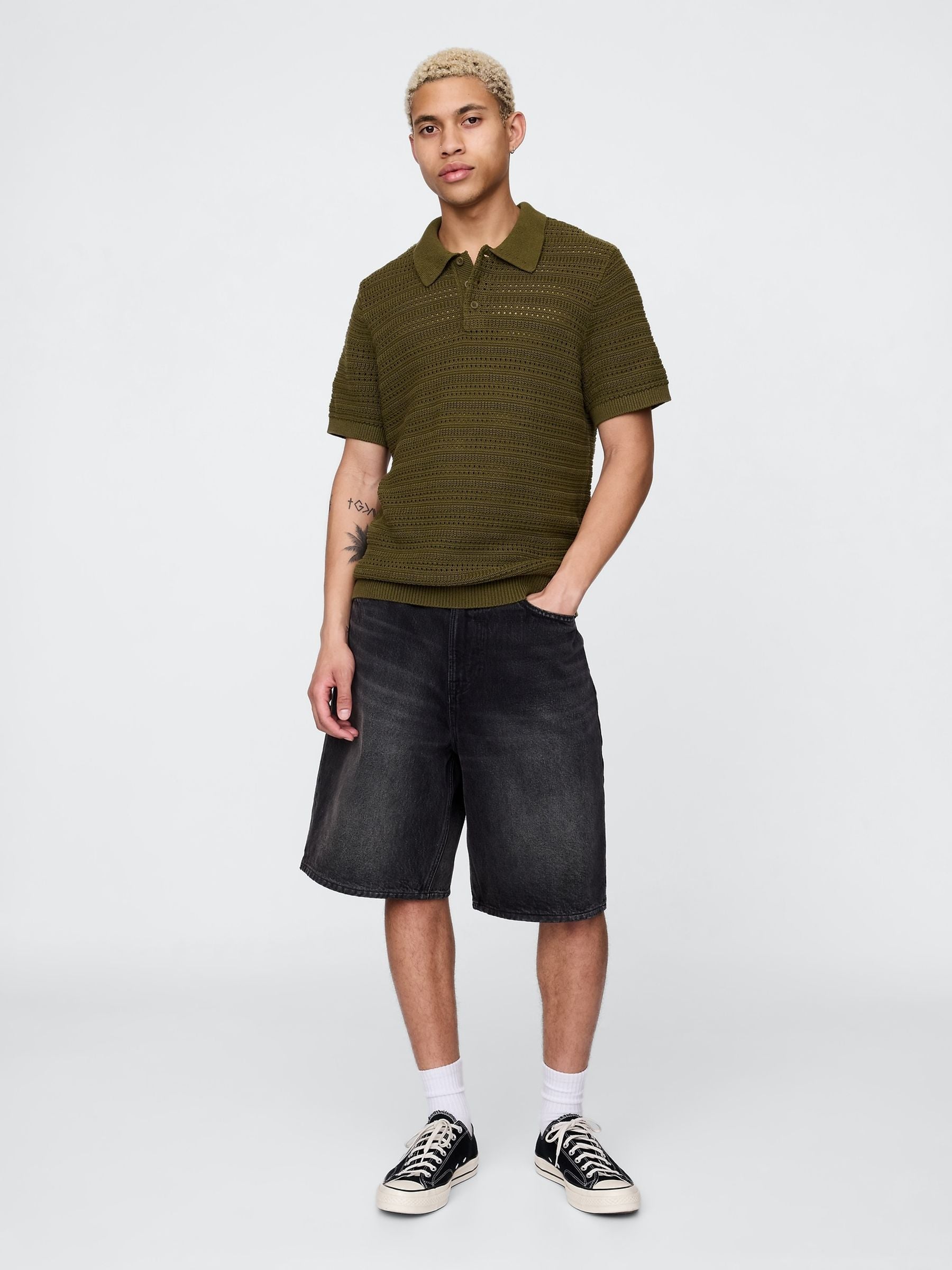 Gap Khaki Green Cotton Knit Striped Polo Shirt