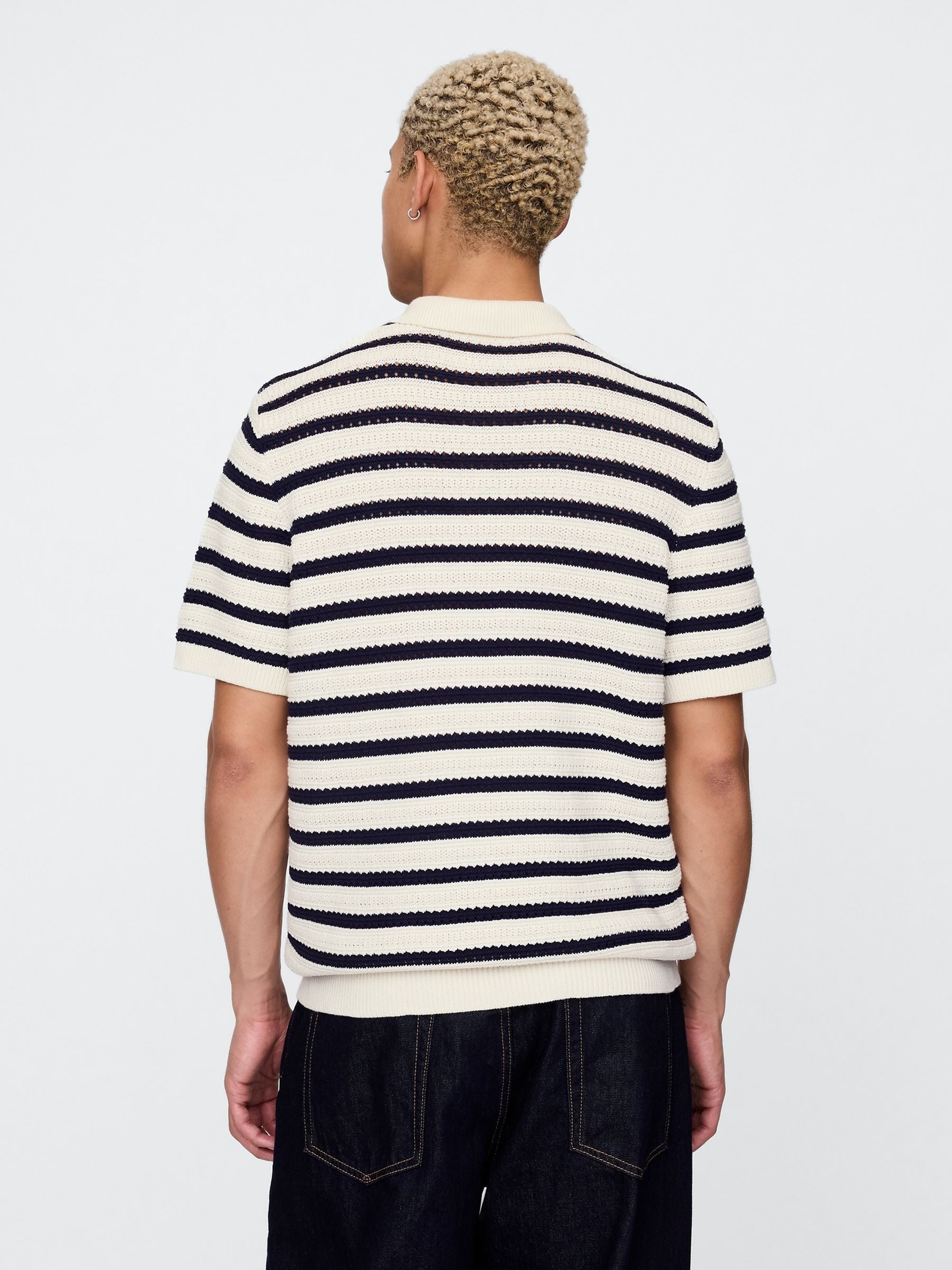 Gap White/Black Stripe Cotton Knit Striped Polo Shirt