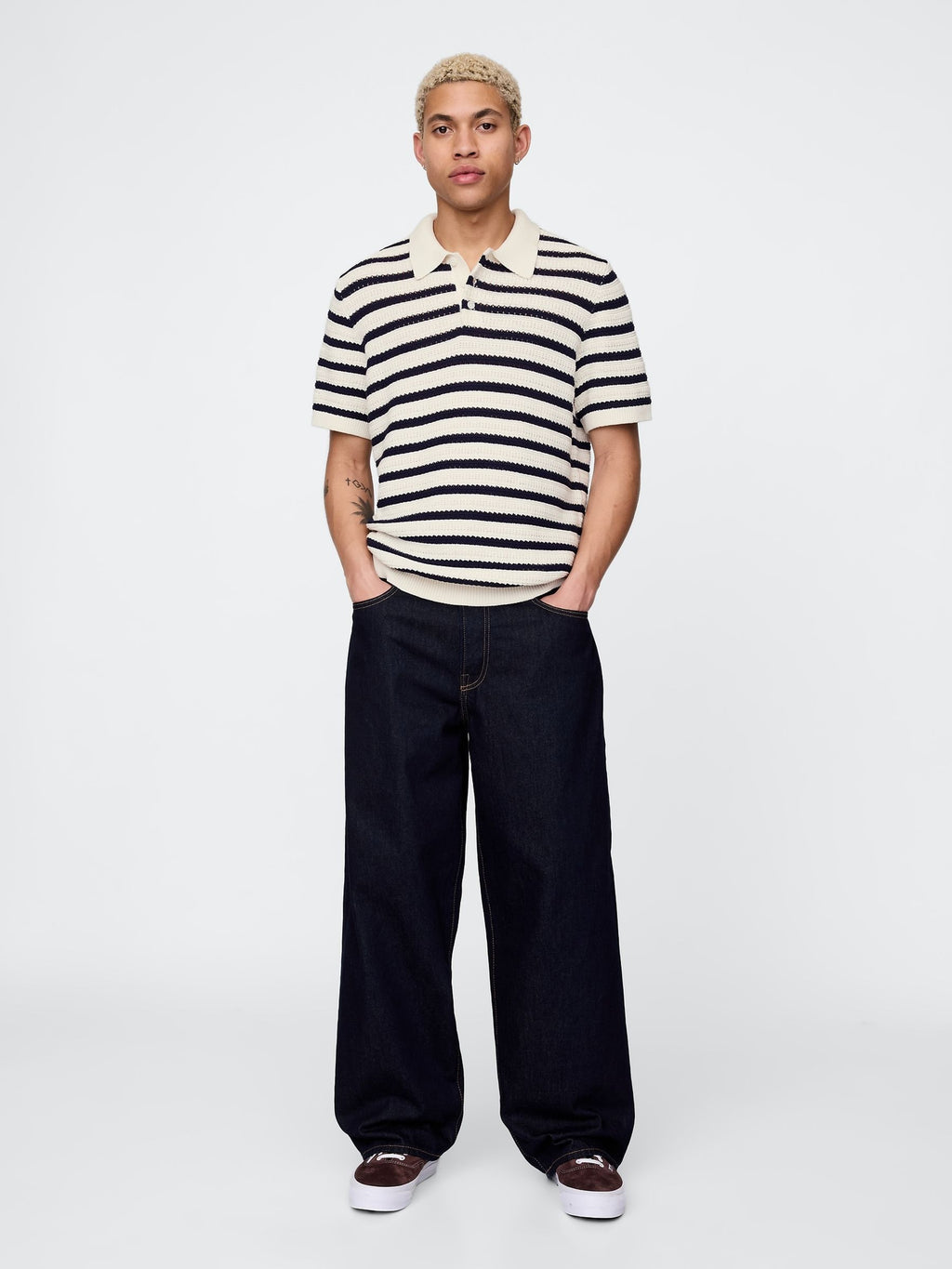 Gap White/Black Stripe Cotton Knit Striped Polo Shirt