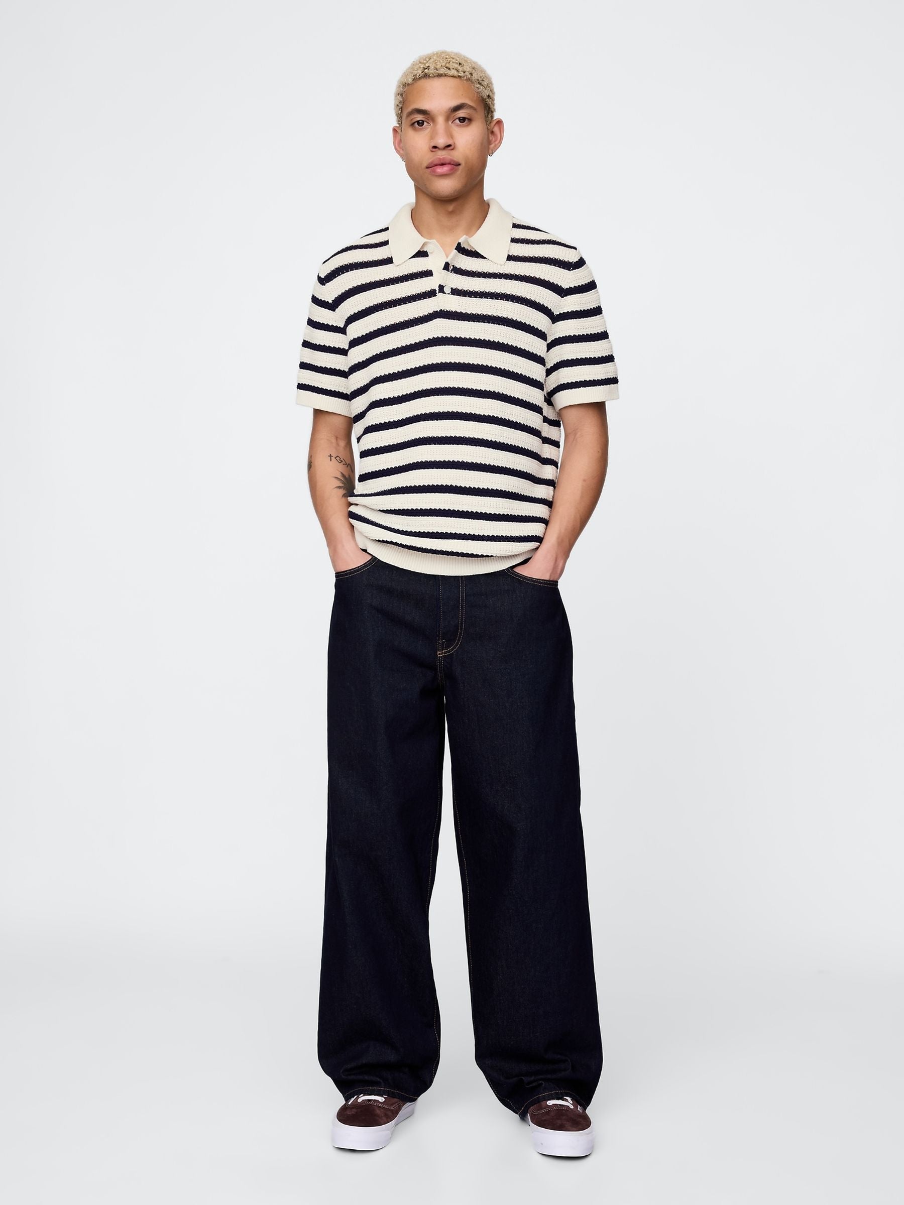 Gap White/Black Stripe Cotton Knit Striped Polo Shirt