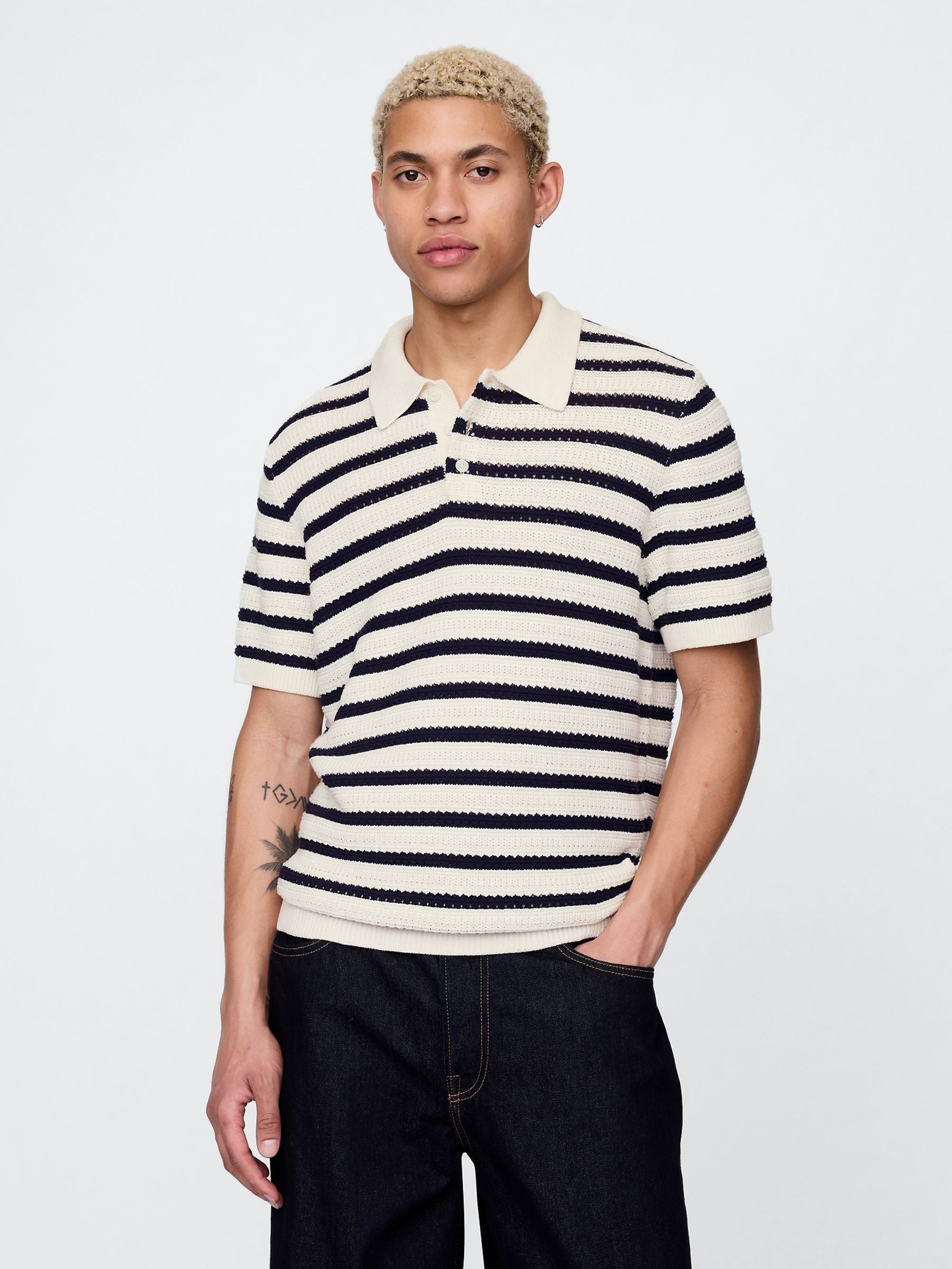 Gap White/Black Stripe Cotton Knit Striped Polo Shirt